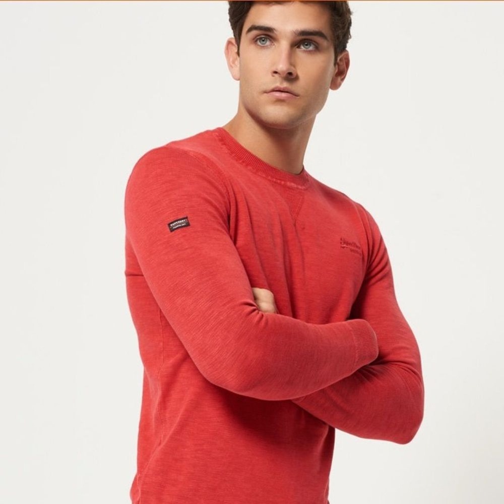 Superdry Mens Red Premium Slub Knit Crew Neck Sweater Streetwear Cotton Blend